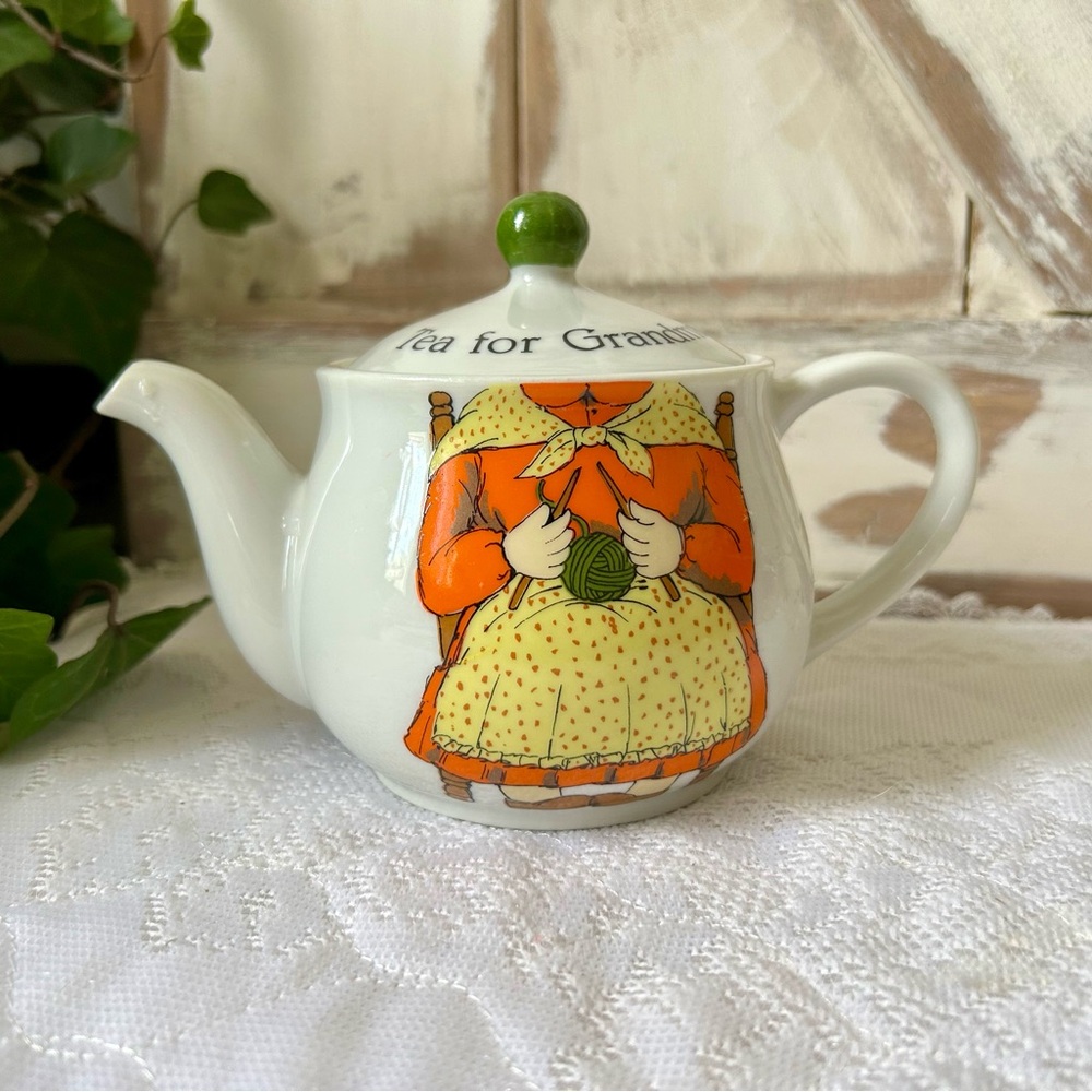 Charming Grandma Teapot with Green and Orange Accents